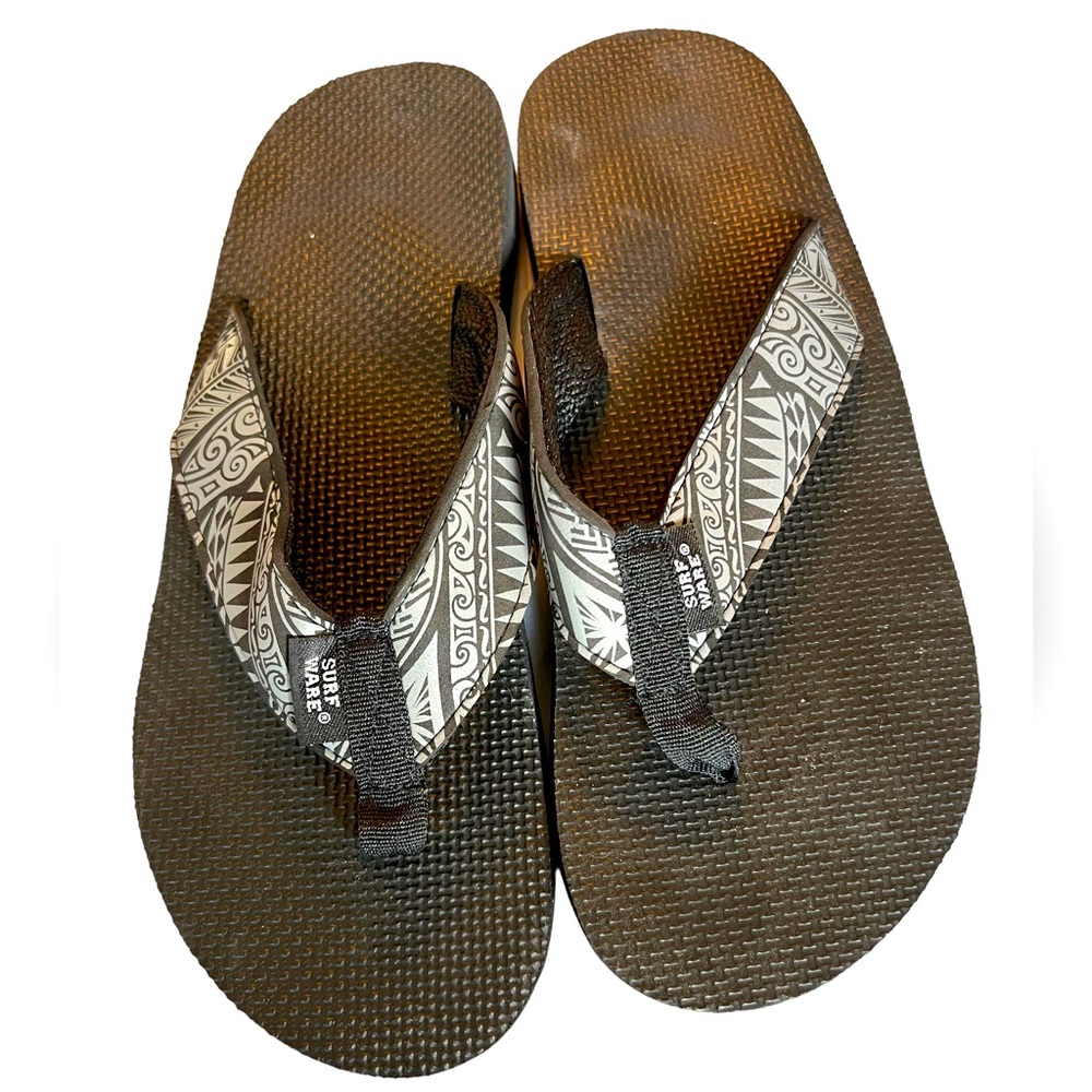 Surf Ware Mens Hawaiian Flip Flops Tapa Cloth Print Straps Blue Black Sz 12